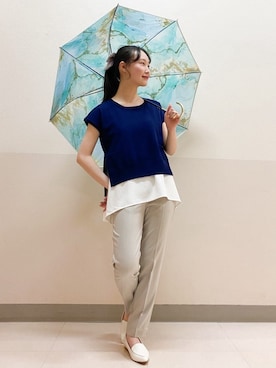「アイテム（長傘、ブルー系）」を使った、あい梨さん（レディース・157cm）の夏コーディネート