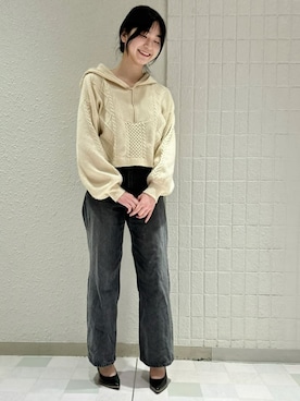 「ESPERANZA（エスペランサ）の【晴雨兼用/12時間パンプス】約7.5cm　歩きやすくて疲れにくい（パンプス、ブラック系）」を使った、takeさん（レディース・158cm）の冬コーディネート