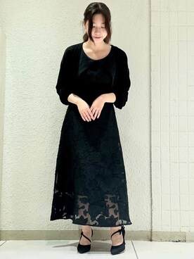 「ESPERANZA（エスペランサ）のサイドオープンリボン付きヒールパンプス 結婚式二次会 パーティー 24SS（パンプス、ブラック系）」を使った、takeさん（レディース・158cm）の夏コーディネート