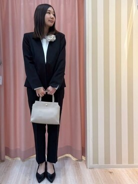 「SHOO・LA・RUE（シューラルー）の◆【S-3L/洗える/通勤】ダブルクロス Vネックジャケット【CIRCRIC】（ノーカラージャケット、ブラック系）」を使った、shioriさん（レディース・157cm）の冬コーディネート