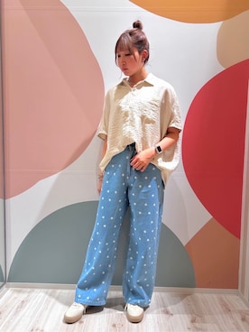 「SHOO・LA・RUE（シューラルー）の【洗える/S-LL/5分袖】1枚でも羽織としても。さらさらドレープシャツ（Shirts、ベージュ系）」を使った、末っ子さん（レディース・165cm）の夏コーディネート