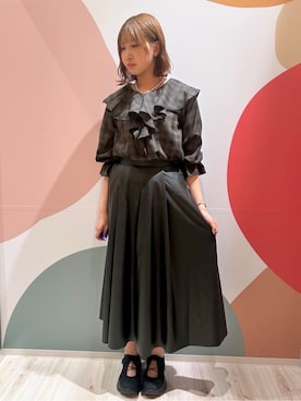 「DRESKIP（ドレスキップ）の【S-LL】1枚で華やか チェック柄フリルブラウス（Shirts、ブラウン系）」を使った、末っ子さん（レディース・165cm）の秋コーディネート