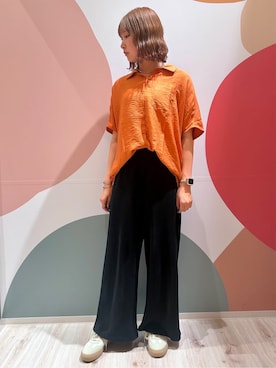 「SHOO・LA・RUE（シューラルー）の【洗える/S-LL/5分袖】1枚でも羽織としても。さらさらドレープシャツ（Shirts、オレンジ系）」を使った、末っ子さん（レディース・165cm）の夏コーディネート
