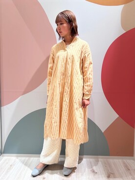 「SHOO・LA・RUE（シューラルー）の【洗える/S-LL】ストライプAラインワンピース（One piece dress、イエロー系）」を使った、末っ子さん（レディース・165cm）の春コーディネート