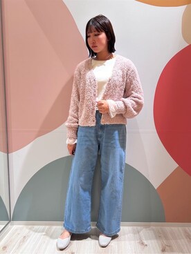 「DRESKIP（ドレスキップ）の【S-LL】ふわふわ軽やかラメニットカーディガン（Cardigans、ピンク系）」を使った、末っ子さん（レディース・165cm）の冬コーディネート