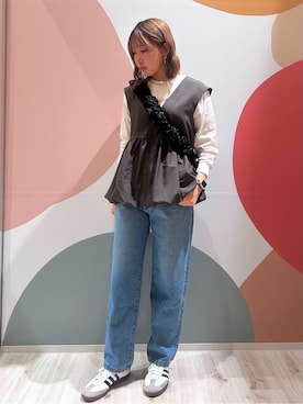 「SHOO・LA・RUE（シューラルー）の【S-LL】美シルエット 裾バルーンシルエットジレ（Vest、ブラウン系）」を使った、末っ子さん（レディース・165cm）の秋コーディネート