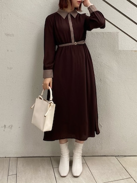Web限定 配色襟付きレトロワンピースを使った人気ファッションコーディネート Wear