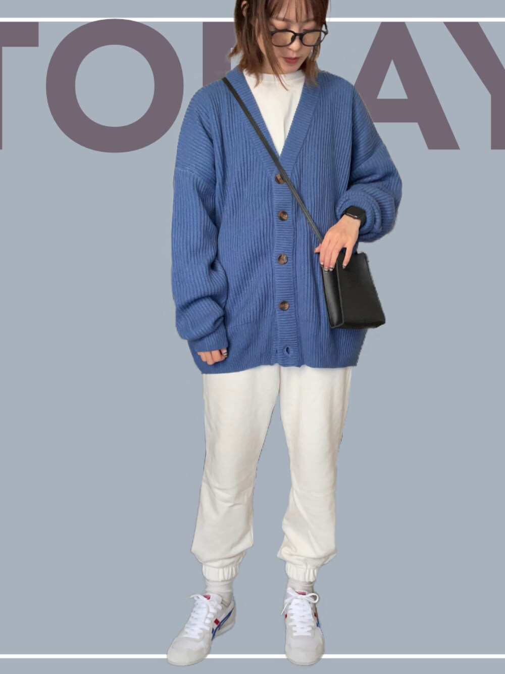 「ごきげんウィーク、スウェットパンツ、ニットカーディガン、春コーデ、カジュアル、Onitsuka Tiger、スニーカーコーデ」｜「Snap clubの【Snap club】ヘビーウェイトニット ビックシルエットカラーカーディガン（カーディガン/ボレロ、ブルー系）」を使った、hakoさん（レディース・163cm）の春コーディネートの1枚目の写真