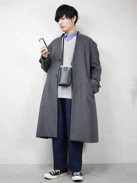 「アイテム（ノーカラーコート）」を使った、ひっちさん（メンズ・172cm）の冬コーディネート