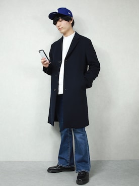 「GUコーデ」｜「アイテム（チェスターコート）」を使った、ひっちさん（メンズ・172cm）の冬コーディネート