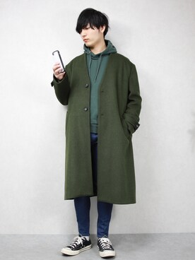「アイテム（ノーカラーコート）」を使った、ひっちさん（メンズ・172cm）の冬コーディネート