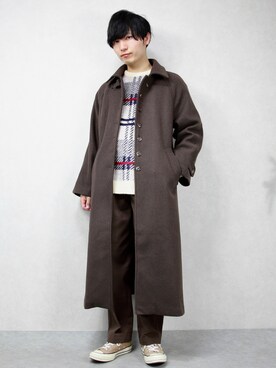 「ブラウンコーデ」｜「アイテム（ステンカラーコート）」を使った、ひっちさん（メンズ・172cm）の冬コーディネート