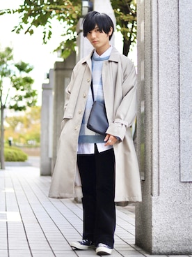 「黒パンツ」｜「アイテム（ステンカラーコート）」を使った、ひっちさん（メンズ・172cm）の秋コーディネート