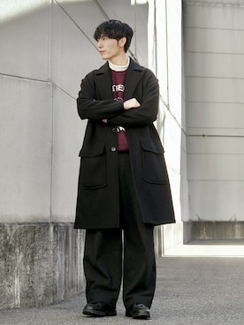 「LIDNM（リドム）のアイテム（チェスターコート）」を使った、ひっちさん（メンズ・172cm）の冬コーディネート