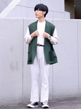 「MONKEY TIME（モンキータイム）のアイテム（ベスト）」を使った、ひっちさん（メンズ・172cm）の春コーディネート