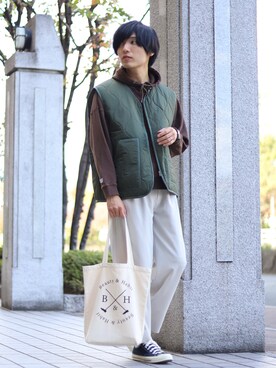 「green label relaxing（グリーンレーベルリラクシング）の【WEB限定】＜GLR/ -or（ジーエルアール オア）＞キルティング ベスト -ユニセックス-（ベスト）」を使った、ひっちさん（メンズ・172cm）の秋コーディネート