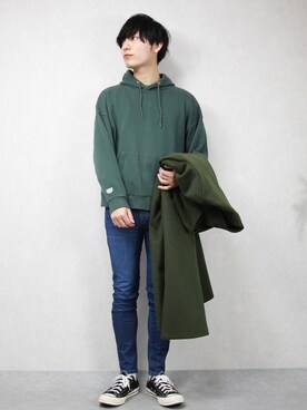 「アイテム（ノーカラーコート）」を使った、ひっちさん（メンズ・172cm）の冬コーディネート