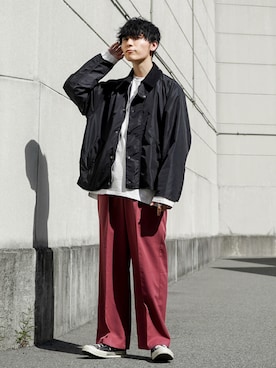 「ワインレッド」｜「アイテム（ブルゾン）」を使った、ひっちさん（メンズ・172cm）の秋コーディネート