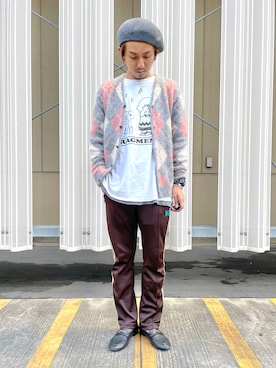 「モヘアカーディガン」｜「アイテム（ハンチング/ベレー帽）」を使った、JUNYAさん（メンズ・171cm）の秋コーディネート