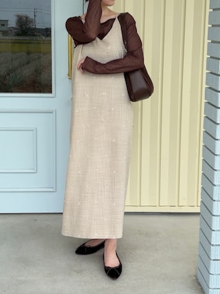 「Bab(バブ)の刺繍バックリボンキャミワンピース(ワンピース)」を使った、えだ( ¨̮ )さん(レディース・155cm)の秋コーディネート