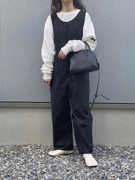 「no brand（ノーブランド）のアイテム（オールインワン・サロペット）」を使った、えだ( ¨̮ )さん（レディース・155cm）の秋コーディネート