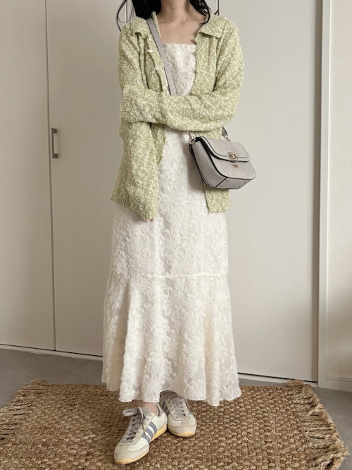 「hellam（へラム）のMIXヤーンポロニットカーディガン（ニット/セーター）」を使った、えだ( ¨̮ )さん（レディース・155cm）の春コーディネート