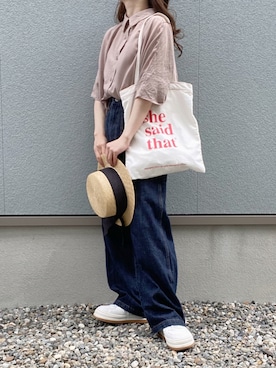 「ロゴトート」｜「アイテム（その他）」を使った、えだ( ¨̮ )さん（レディース・155cm）の夏コーディネート