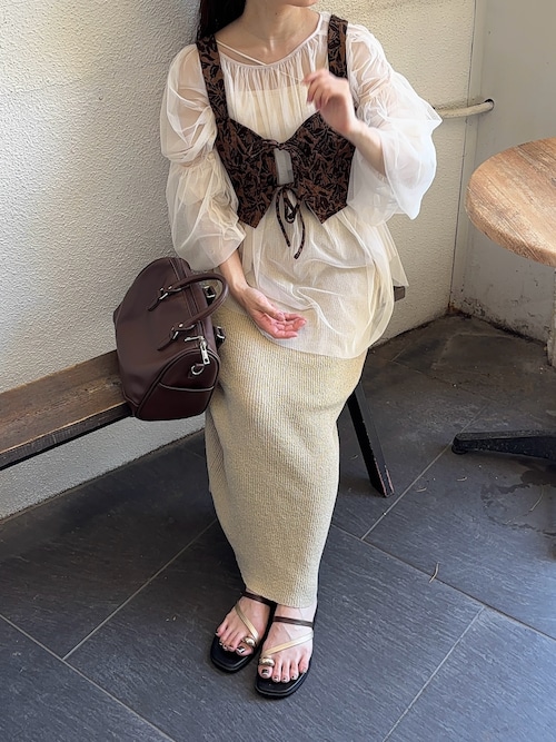 セール】パフスリーブワンピース+ジャガードビスチェセット[高身長