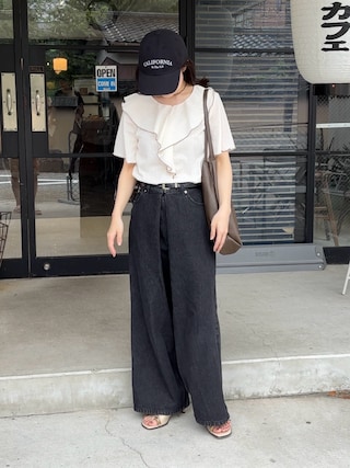 「mil（ミル）の針抜き ラッフルフリルトップス【587249】（Tシャツ/カットソー）」を使った、えだ( ¨̮ )さん（レディース・155cm）の夏コーディネート