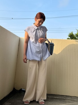 「ストライプシャツ」｜「アイテム（ブルー系）」を使った、YUKAさん（レディース・155cm）の夏コーディネート