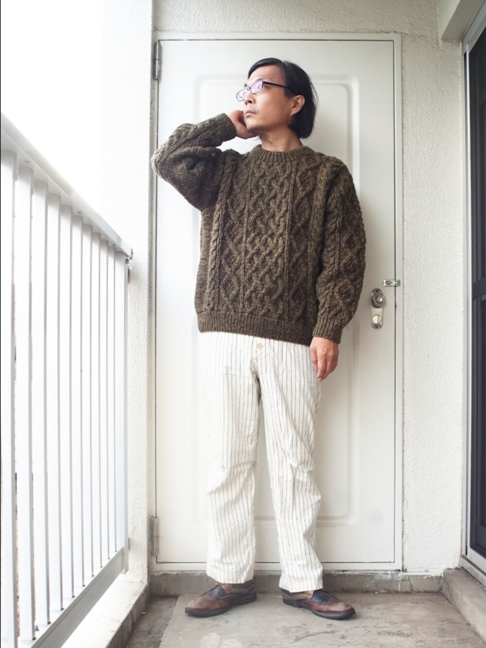 「フィッシャーマンセーター、セーター、アメカジ」｜「Pherrow'sのアイテム（その他トップス、ブラウン系）」を使った、s uchidaさん（メンズ・173cm）の冬コーディネートの1枚目の写真