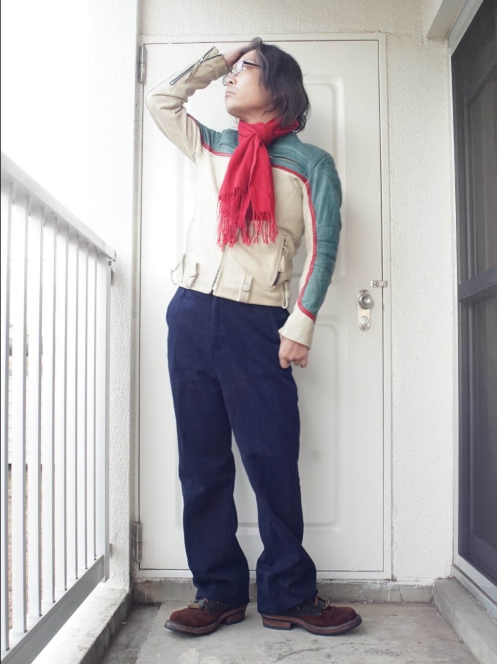 「ライダース、おじさん、中年、40代ファッション、アメカジ」｜「WHITE'S BOOTSのアイテム（ブーツ、ブラウン系）」を使った、s uchidaさん（メンズ・173cm）の冬コーディネートの1枚目の写真