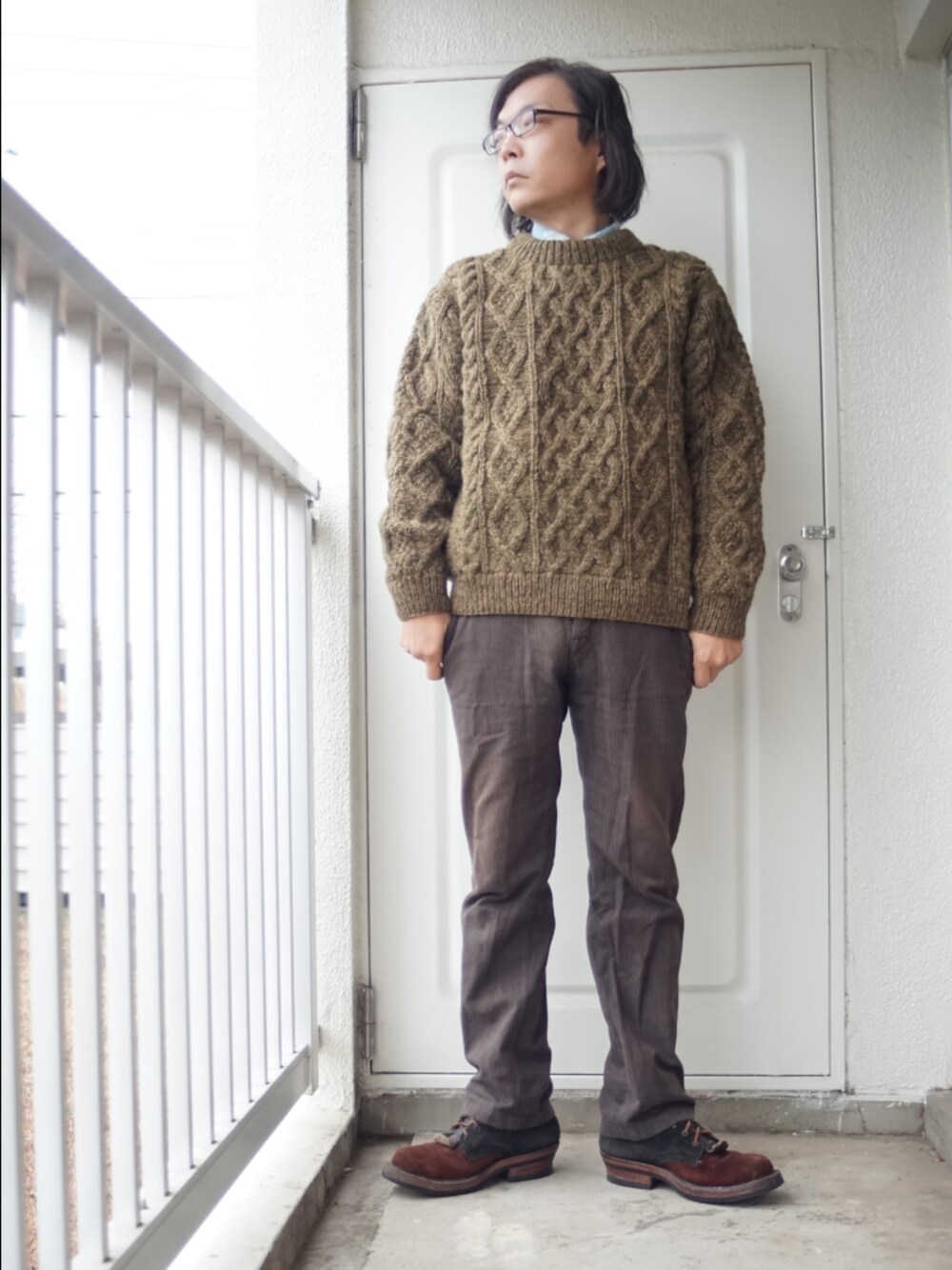 「フィッシャーマンニット、大人コーデ、ニット、おじさん、中年、40代ファッション、アメカジ」｜「Pherrow'sのアイテム（ニット/セーター、グリーン系）」を使った、s uchidaさん（メンズ・173cm）の冬コーディネートの1枚目の写真