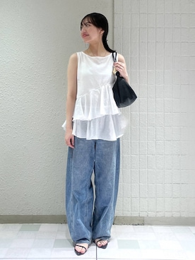 「A part by（アパートバイ）のApbコクーンデニムパンツ（デニムパンツ、ブルー系）」を使った、keinaさん（レディース・160cm）の夏コーディネート