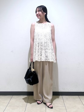 「A part by（アパートバイ）の【セットアップ可能】レースフレアブラウスノースリーブ（シャツ/ブラウス、ホワイト系）」を使った、keinaさん（レディース・160cm）の夏コーディネート