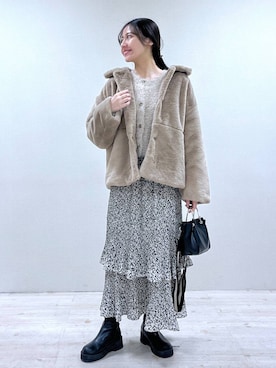 「e/rm（イーアールエム）のファージャケット（その他アウター）」を使った、keinaさん（レディース・160cm）の冬コーディネート