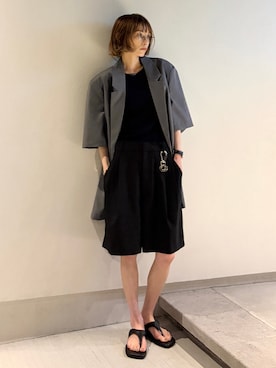 「Zoff（ゾフ）の【黒石奈央子さん コラボ】 Zoff｜Naoko Kuroishi ボストン型 メガネ｜クラウンパント メタル 伊達めがね 度付き(レンズ交換券付) ユニセックス おしゃれ（メガネ、ゴールド系）」を使った、RIHOさん（レディース・150cm）の夏コーディネート