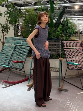 「N.（N. Natural Beauty Basic）（エヌエヌナチュラルビューティーベーシック）のフリンジニット（ニット/セーター、ブラウン系）」を使った、RIHOさん（レディース・150cm）の夏コーディネート