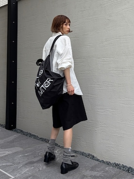 「THINGS THAT MATTER（シングス ザット マター）の「ZOZOTOWN限定」TTM ONE SHOLDER NAP SAC TOTE / TTM ワンショルダー ナップ サック トート（ショルダーバッグ、ブラック系）」を使った、RIHOさん（レディース・150cm）の夏コーディネート