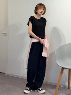 「human woman（ヒューマンウーマン）の◆【ジャージー素材/ウォッシャブル】カノコストレッチベイカーパンツ（その他パンツ、ブルー系）」を使った、RIHOさん（レディース・150cm）の春コーディネート