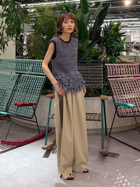 「N.（N. Natural Beauty Basic）（エヌエヌナチュラルビューティーベーシック）のフリンジニット（ニット/セーター、ブラウン系）」を使った、RIHOさん（レディース・150cm）の夏コーディネート