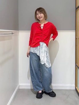 「アイテム（カーディガン/ボレロ、レッド系）」を使った、みさみささん（レディース・159cm）の夏コーディネート