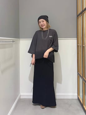 「LEPSIM（レプシィム）のピグメント風ビーニー　1023699（ニットキャップ/ビーニー、ブラック系）」を使った、みさみささん（レディース・158cm）の夏コーディネート