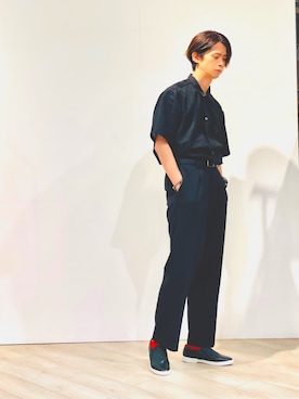 「TAKEO KIKUCHI（タケオキクチ）のアイテム（スリッポン）」を使った、かきみさん（メンズ・173cm）の夏コーディネート