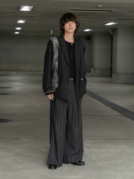 「SENSE OF PLACE by URBAN RESEARCH（センスオブプレイスバイアーバンリサーチ）のウールタッチストライプワイドフレアパンツ（その他パンツ）」を使った、akiiiiさん（メンズ・181cm）の秋コーディネート