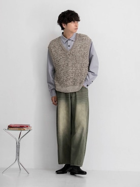 「アイテム（デニムジャケット、グリーン系）」を使った、わたべさん（メンズ・181cm）の秋コーディネート