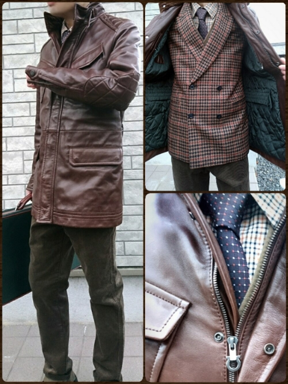 「ミリタリー、Salvatore Ferragamo、レザージャケット、ブラウン、ライダース、コーデュロイパンツ、カーキ、グリーン、チェック、Paul Smith、ジャケットスタイル、イタリアファッション、エレガント、モード、セットアップ」｜「FERRAGAMOのアイテム（ライダースジャケット、ブラウン系）」を使った、べポさん（メンズ・175cm）の冬コーディネートの1枚目の写真