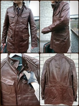 「FERRAGAMO（フェラガモ）のアイテム（ライダースジャケット、ブラウン系）」を使った、べポさん（メンズ・175cm）の冬コーディネート