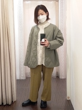 「透かし編みニット」｜「アイテム（ノーカラーコート）」を使った、nanaさん（レディース・153cm）の秋コーディネート