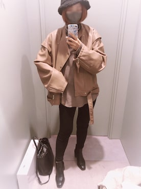 「Ameri（アメリ）のアイテム（ライダースジャケット）」を使った、rumiさん（レディース・162cm）の冬コーディネート